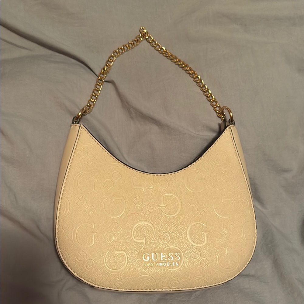 GUESS Cream Embossed Logo Shoulder Bag with Gold Chain